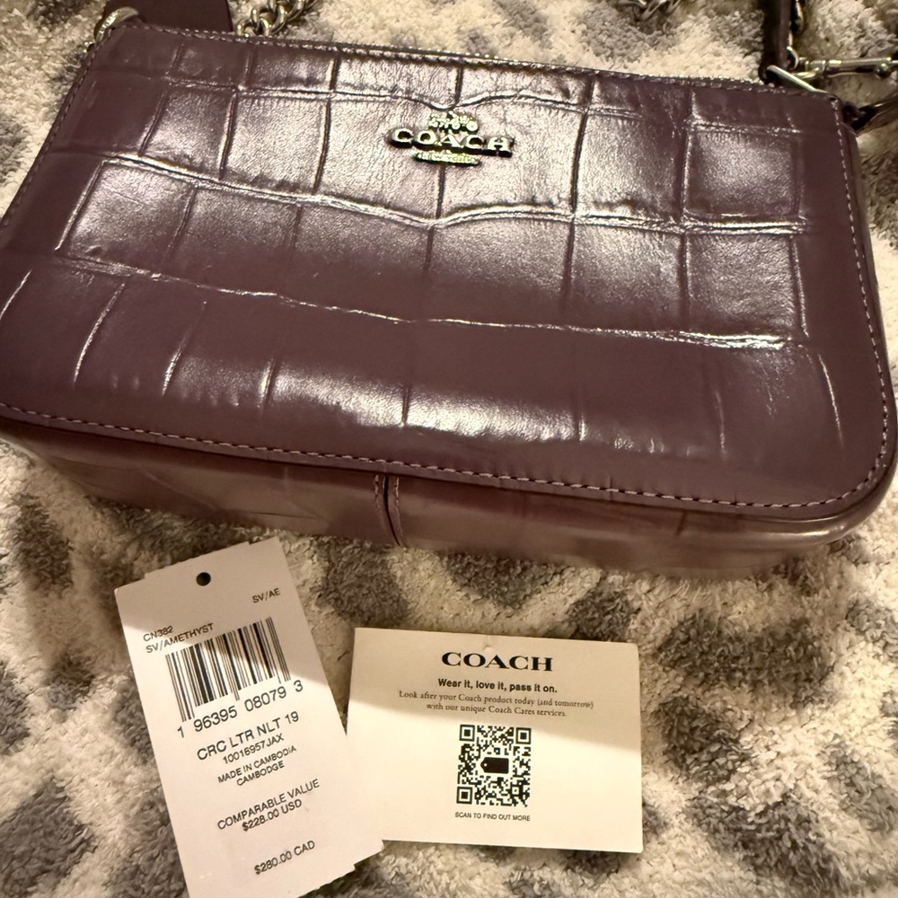 Coach Crocodile Embossed Amethyst Purple Leather Crossbody Bag NWT